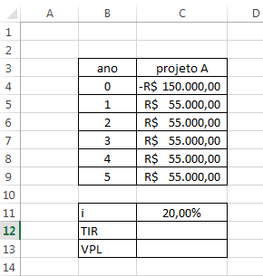 TIR e VPl no Excel